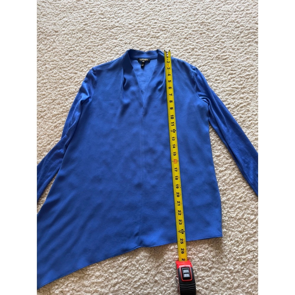 Escada Women's Crepe Tunic Blouse Blue Asymmetrical Hem V-Neck Long Sleeve 32 - Picture 8 of 12